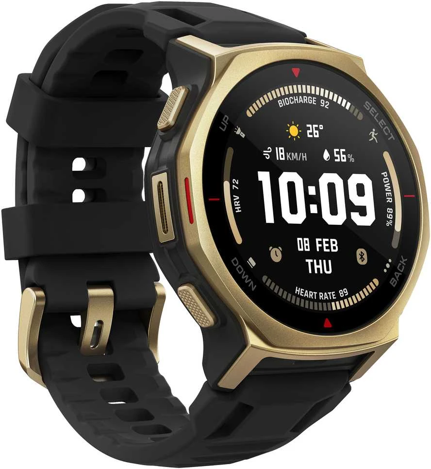 Išmanusis laikrodis „Amazfit T-Rex 3 Pro NFC“, 44 mm su silikoniniu dirželiu, aukso/juodo spalvos