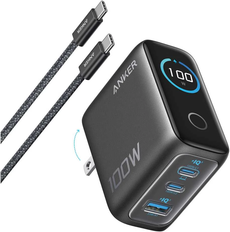 „Anker“ įkroviklis (100 W, 3 prievadai, išmanusis ekranas) su USB-C laidu
