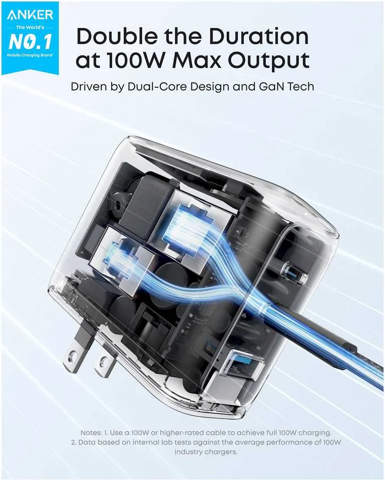 „Anker“ įkroviklis (100 W, 3 prievadai, išmanusis ekranas) su USB-C laidu