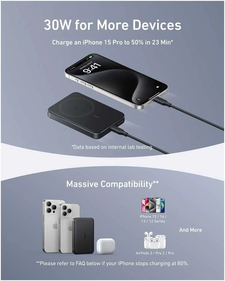 Anker MagGo Wireless Powerbank (su 30 W C prievadu, itin plonas) | A1664H11 | 10000 mAh | Juodas