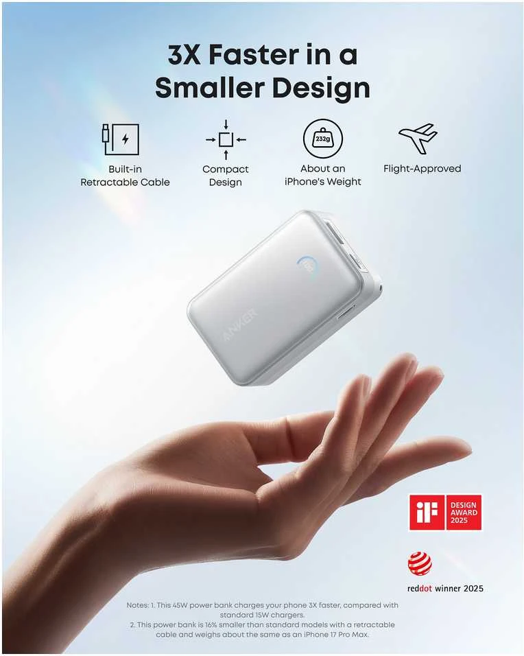 „Anker Nano“ išorinė baterija, 45 W, su integruotu ištraukiamu USB-C laidu | A1638H21 | 10000 mAh | Baltas