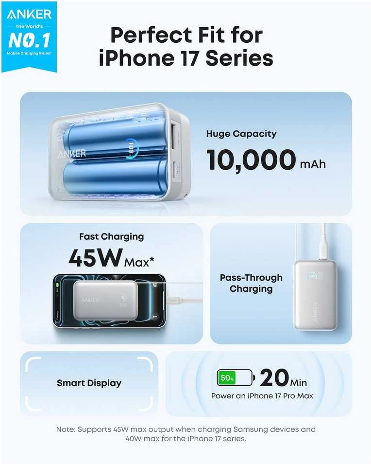 „Anker Nano“ išorinė baterija, 45 W, su integruotu ištraukiamu USB-C laidu | A1638H21 | 10000 mAh | Baltas