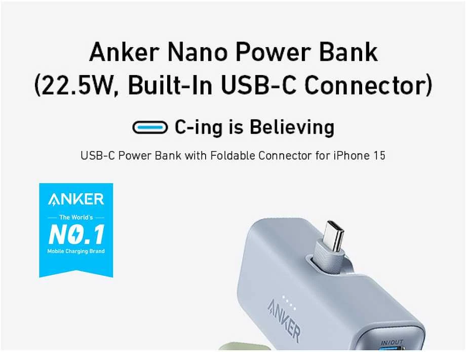 Anker Nano Power Bank Integruotas su USB-C jungtimi | A1653H11 | 5000 mAh | Juodas