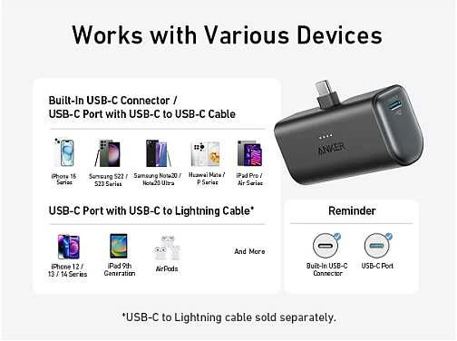 Anker Nano Power Bank Integruotas su USB-C jungtimi | A1653H11 | 5000 mAh | Juodas