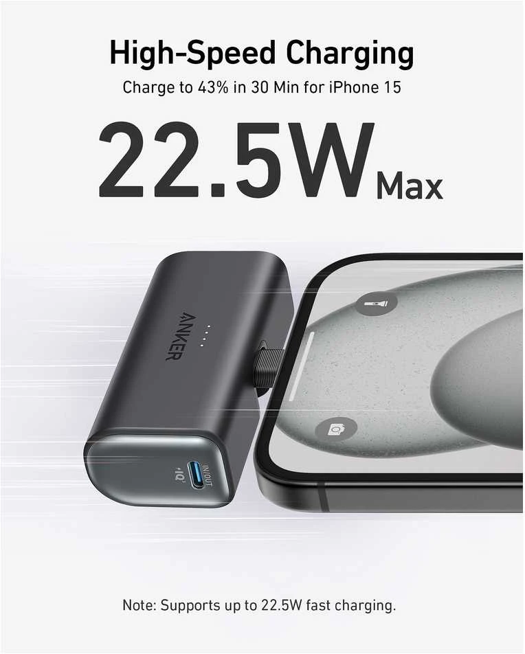 Anker Nano Power Bank Integruotas su USB-C jungtimi | A1653H11 | 5000 mAh | Juodas