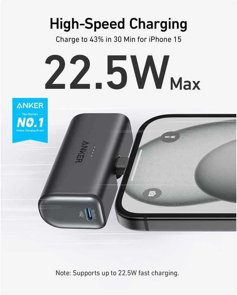 Anker Nano Power Bank Integruotas su USB-C jungtimi | A1653H11 | 5000 mAh | Juodas