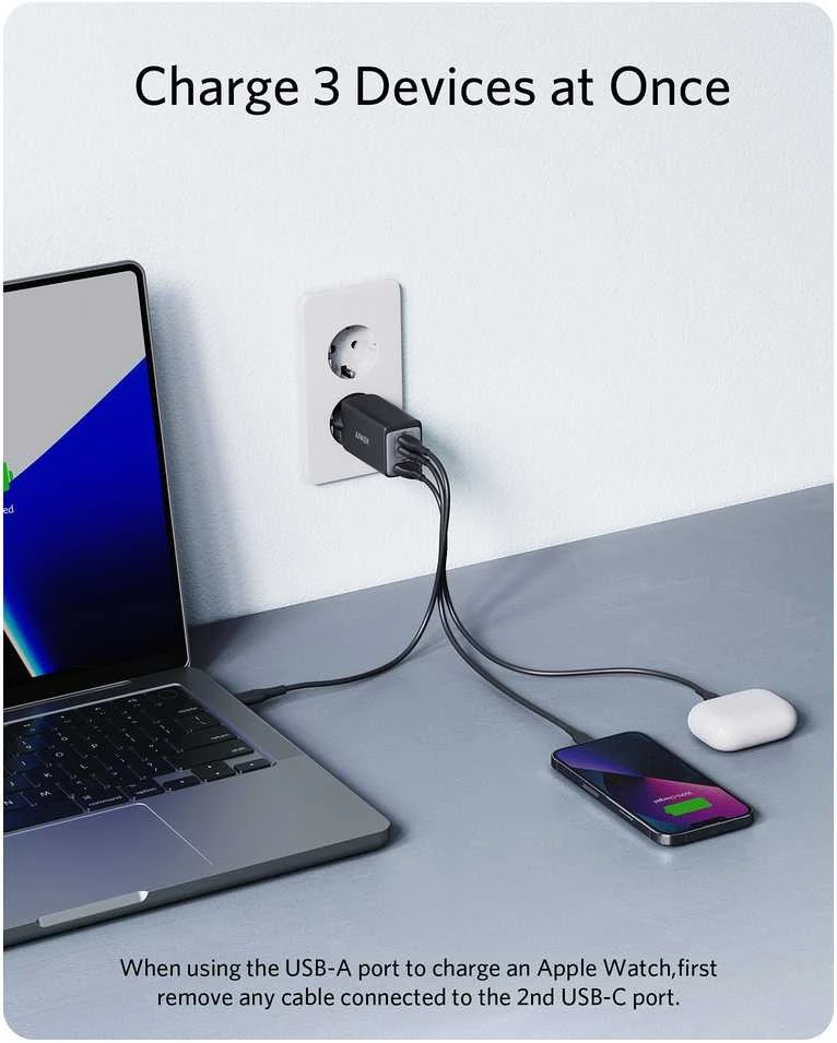 Anker 65W USB-C sieninis kroviklis, 3 jungtys, kompaktiškas GaN II maitinimo šaltinis, A2667311