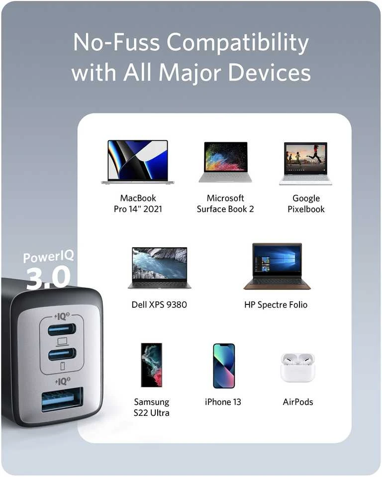 Anker 65W USB-C sieninis kroviklis, 3 jungtys, kompaktiškas GaN II maitinimo šaltinis, A2667311