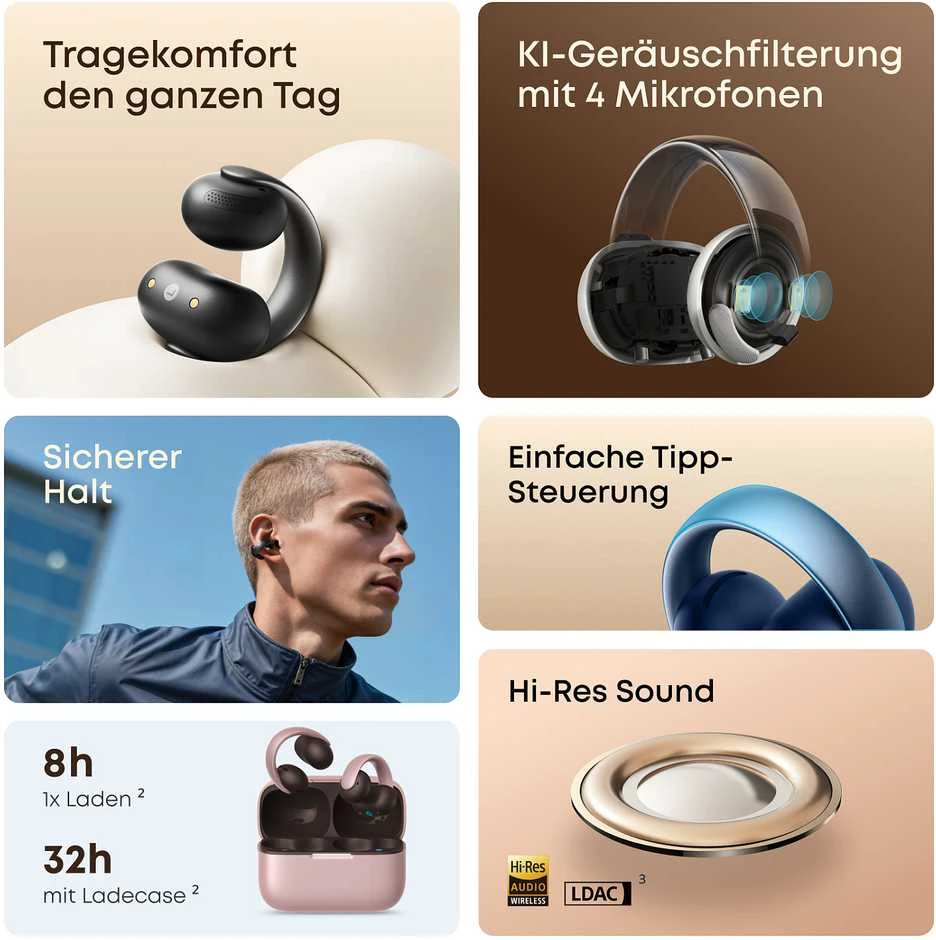 Mėlynos ANKER Soundcore AeroClip mėlynos atviros ausinės su užsegimu, didelės raiškos garsas, LDAC NC, IP55, KI apsauga telefonui