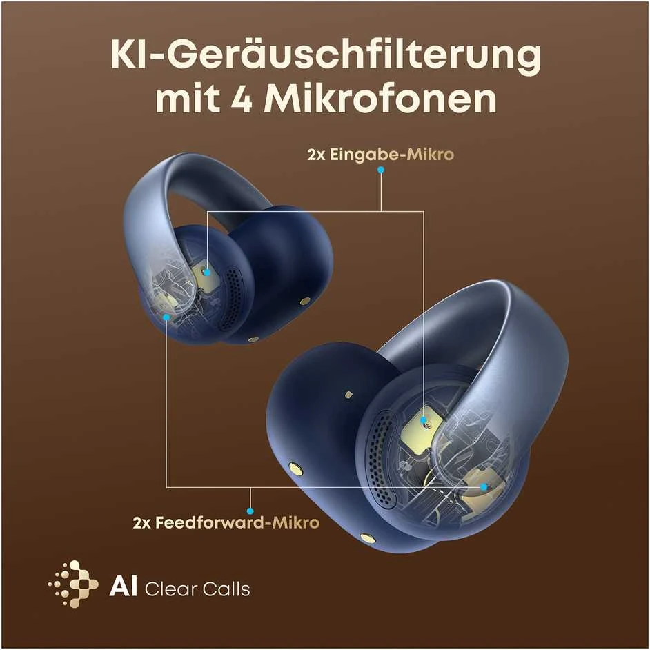 Mėlynos ANKER Soundcore AeroClip mėlynos atviros ausinės su užsegimu, didelės raiškos garsas, LDAC NC, IP55, KI apsauga telefonui