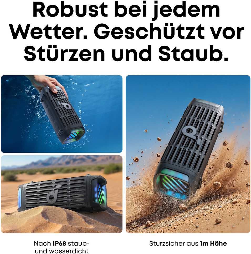 Garsiakalbis Anker Soundcore Boom 3i juodas patvarus lauko „Bluetooth“ garsiakalbis IP68 50W BassUp 16 val. grojimo laikas šviesų šou TWS-Stereo