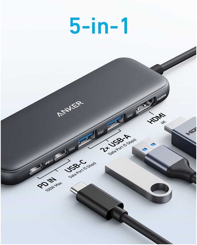 Anker USB-C šakotuvas (5 viename) 1 x 4K HDMI 2 x USB-A 1 x USB-C 1 x USB-C PD 100 W