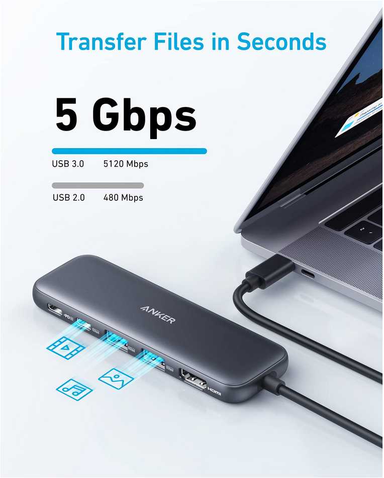 Anker USB-C šakotuvas (5 viename) 1 x 4K HDMI 2 x USB-A 1 x USB-C 1 x USB-C PD 100 W