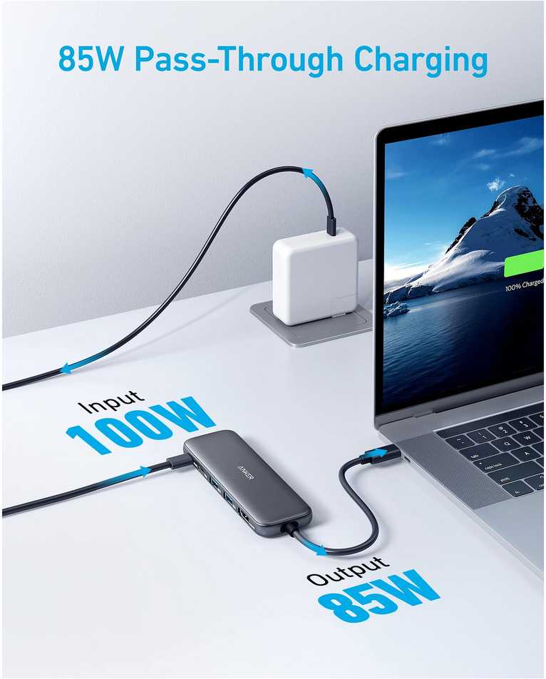 Anker USB-C šakotuvas (5 viename) 1 x 4K HDMI 2 x USB-A 1 x USB-C 1 x USB-C PD 100 W