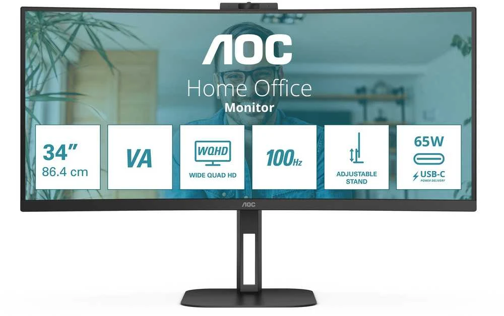 Monitorius AOC CU34V5CW 34 colių UWQHD VA CURVED TURI WEBCAM DP/HDMI/USB-C PD 65W