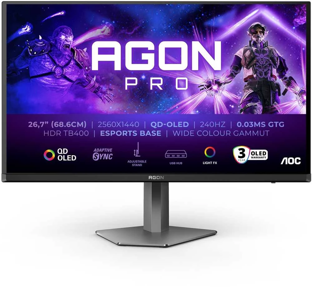 Monitorius AOC AG276QZD2 | 26.7" | OLED | QHD | 16:9 | 240 Hz | 0.03 ms | 2560 x 1440 pikselių | 250 cd/m² | HDMI x2