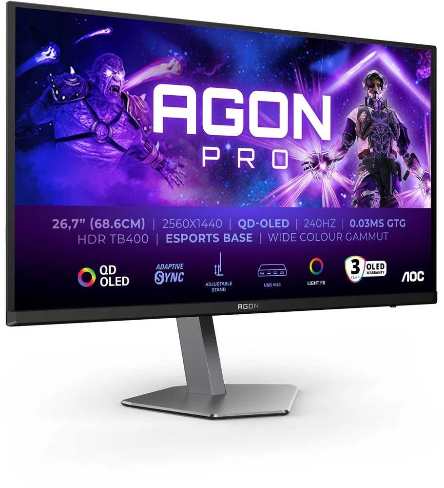 Monitorius AOC AG276QZD2 | 26.7" | OLED | QHD | 16:9 | 240 Hz | 0.03 ms | 2560 x 1440 pikselių | 250 cd/m² | HDMI x2