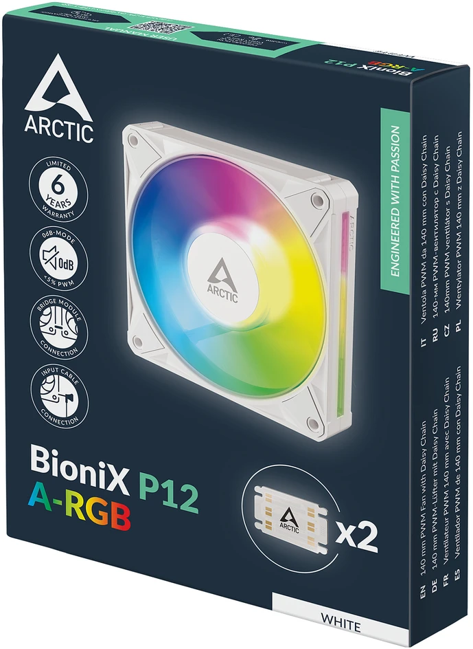 Arctic Cooling ARCTIC BioniX P14 A-RGB (balta) 140 mm PWM ventiliatorius su grandinine jungtimi, ventiliatorius, 14 cm, 400 RPM, 2500 RPM, 186 m³/h, balta
