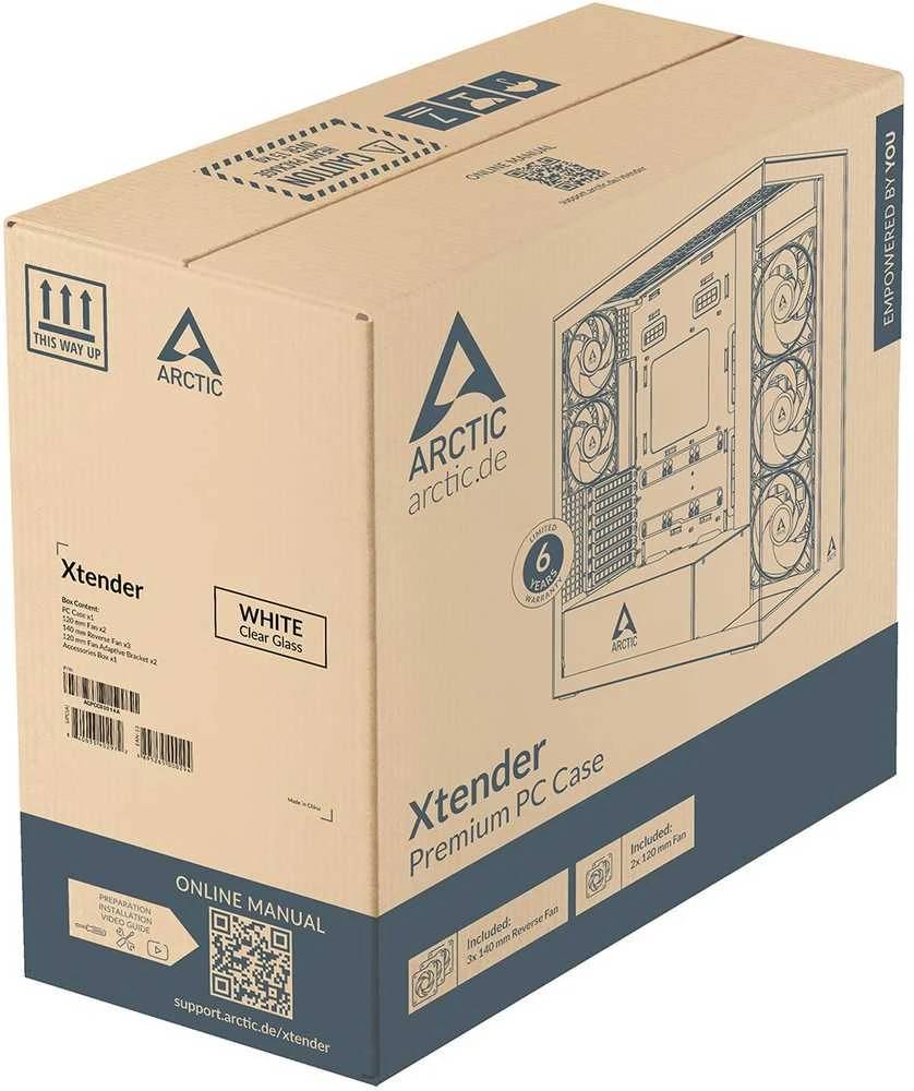 „Arctic Xtender“ (Baltas) skaidrus langas su vertikaliu GPU laikikliu