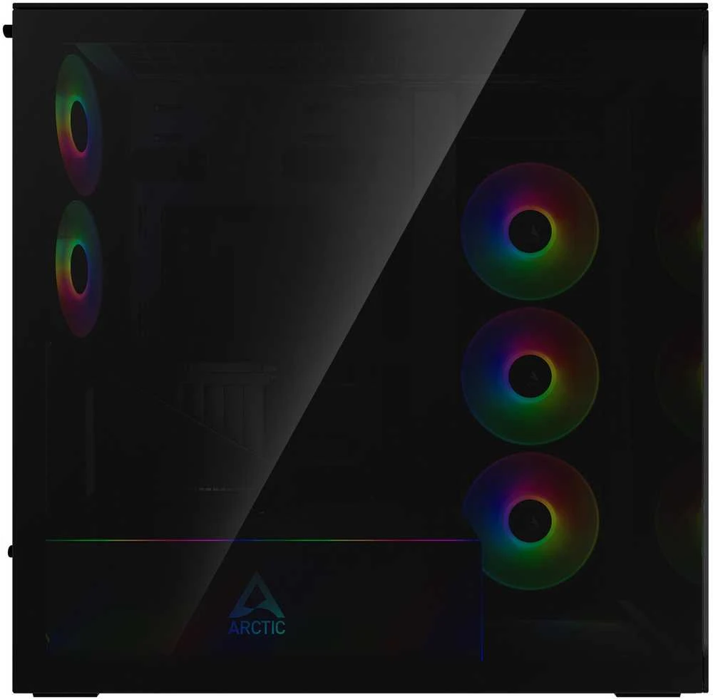 ARCTIC Xtender kompiuterio korpusas, Midi-Tower, E-ATX, RGB, Tempered Glass – includes vertical GPU mount & riser cable, juodos spalvos