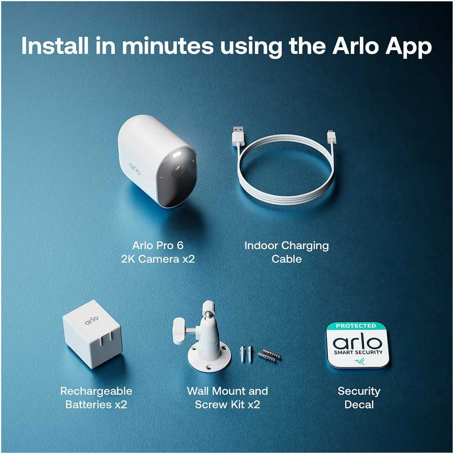 Arlo Pro 6 2K+ apsaugos kamera, 2 kamerų, IP apsaugos kamera, lauko, laidinė ir belaidė, 7,5 m, „Amazon Alexa“ ir „Google Assistant“, automatinė