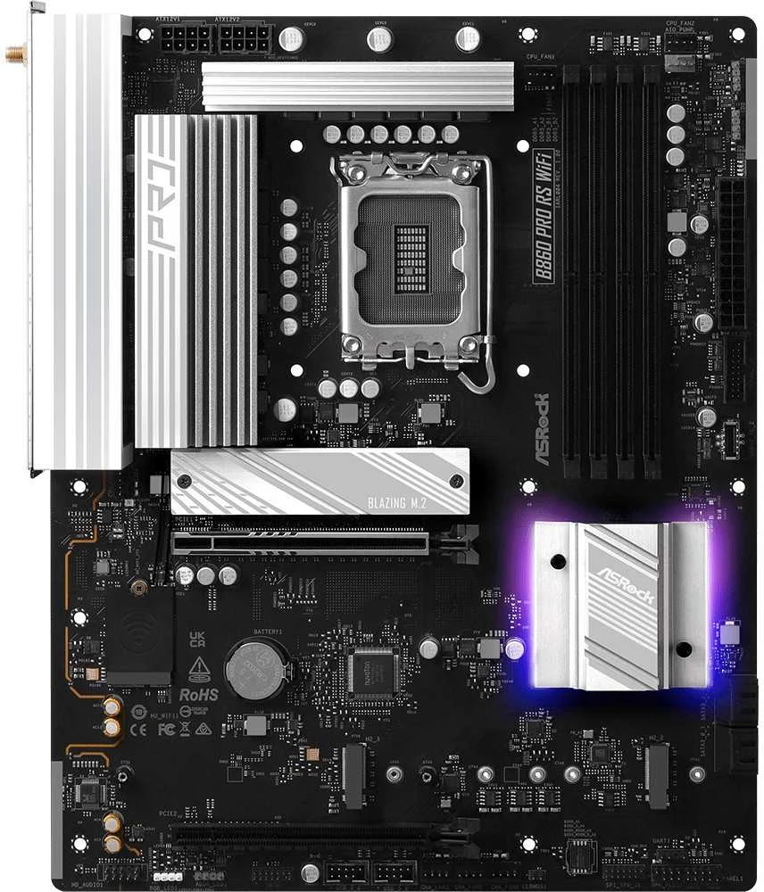 ASRock B860 PRO RS WIFI | Procesorių šeima Intel | Procesoriaus lizdas LGA1851 | DDR5 | Palaikomos kietojo disko sąsajos SATA, M.2 | SATA jungčių skaičius 4