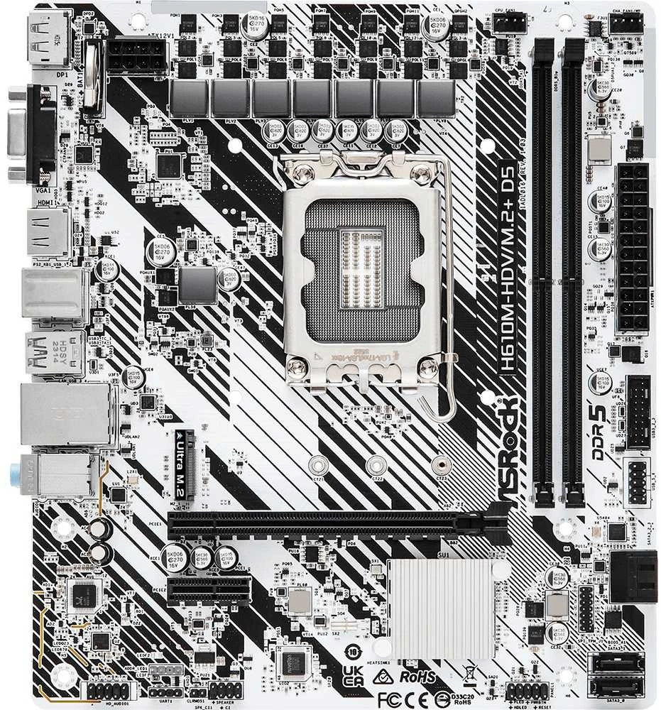 Pagrindinė plokštė ASRock | H610M-HDV/M.2+ D5 | Procesorių šeima Intel | Procesoriaus lizdas LGA1700 | DDR5 DIMM | Palaikomos standžiojo disko sąsajos SATA3, M.2 | SATA jungčių skaičius 4