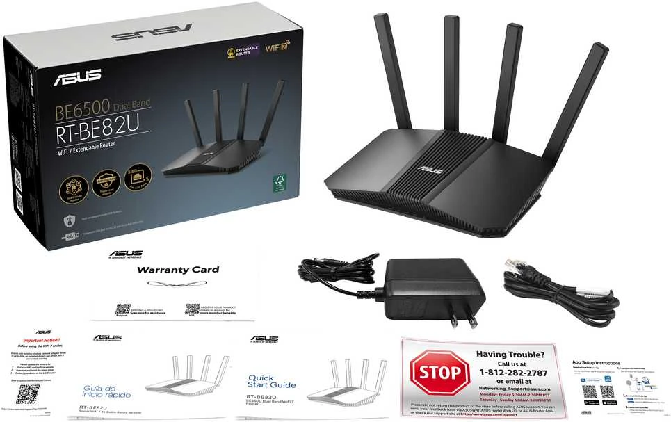 Asus | „WiFi 7“ dviejų dažnių išplečiamas maršrutizatorius | RT-BE82U BE6500 | 802.11be | 10/100/1000/2500 Mbit/s | Ethernet LAN (RJ-45) jungtys 4 | Tinklo palaikymas: Taip | MU-MiMO: Taip | Ne, mobilusis plačiajuostis ryšys | Antenos tipas: Išorinė
