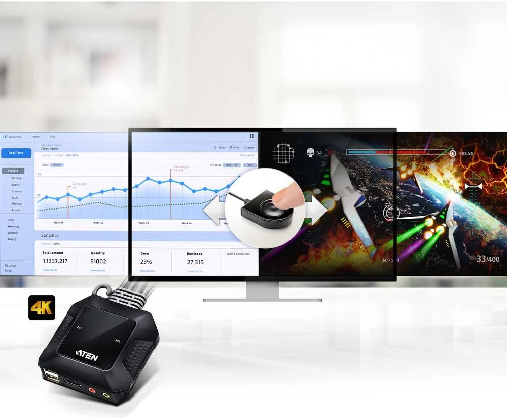 Aten | 2 prievadų USB 4K HDMI kabelis KVM jungiklis su nuotolinio prievado parinkikliu | CS22H-AT