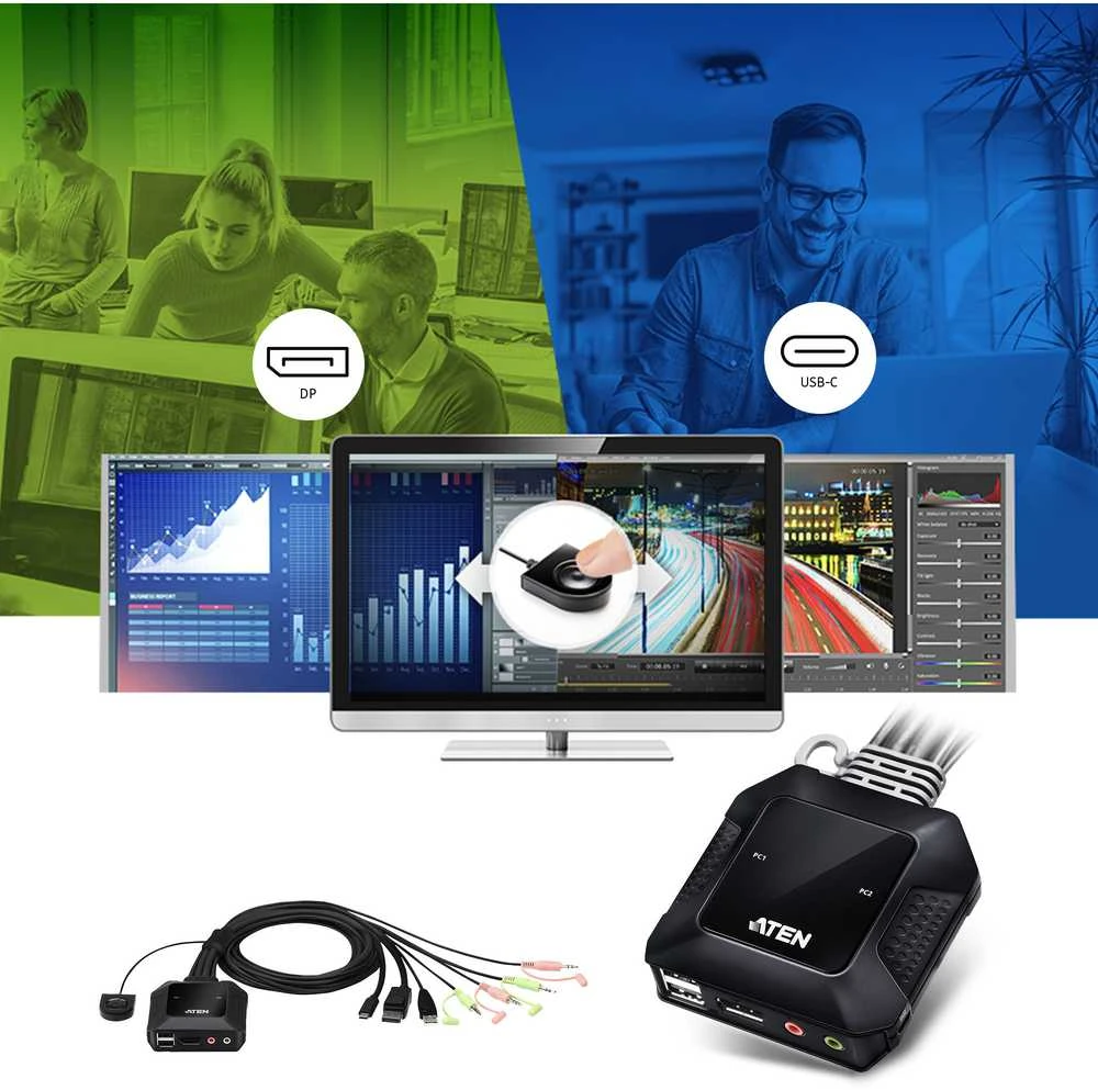 Aten ATEN CS52DP 2 prievadų USB-C DisplayPort hibridinio kabelio KVM jungiklis