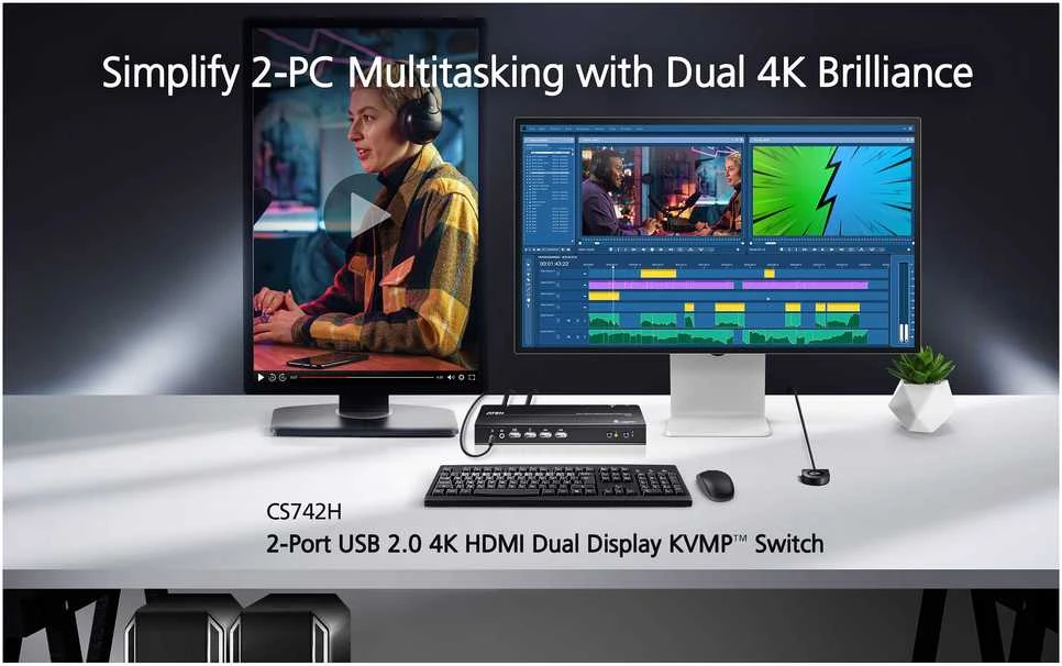 Aten CS742H-AT-G 2 prievadų USB 4K HDMI dviejų ekranų KVMP komutatorius (pridedami laidai) | Aten