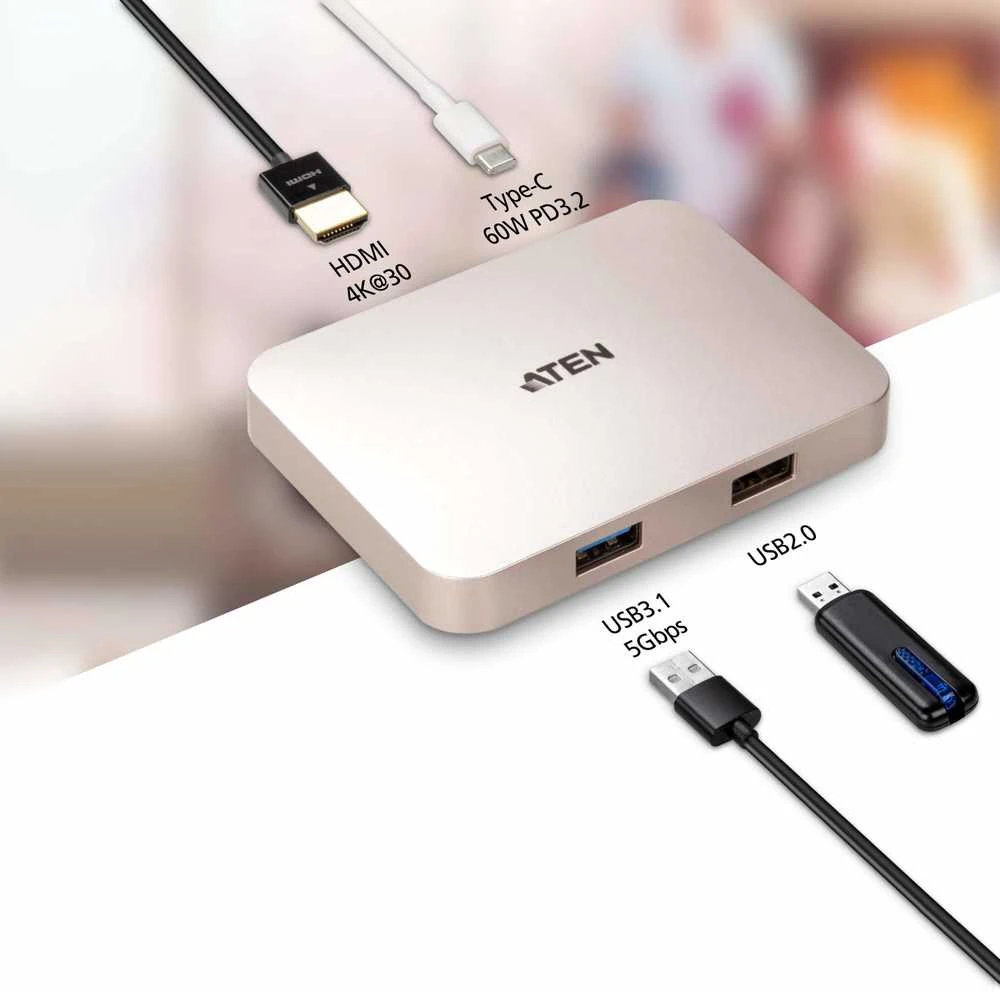 Aten | USB-C 4K Ultra Mini dokas su maitinimo perėjimu | USB 3.0 (3.1 Gen 1) Type-C jungtys kiekis 1 | USB 3.0 (3.1 Gen 1) jungtys kiekis 1 | USB 2.0 jungtys kiekis 1 | HDMI jungtys kiekis 1