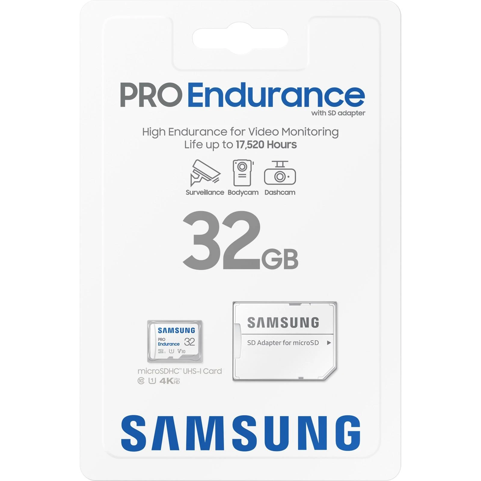 Atminties kortelė SAMSUNG PRO Endurance Micro SD Class10 32GB su R100/W30 adapteriu, veikimo laikas 17520 valandų