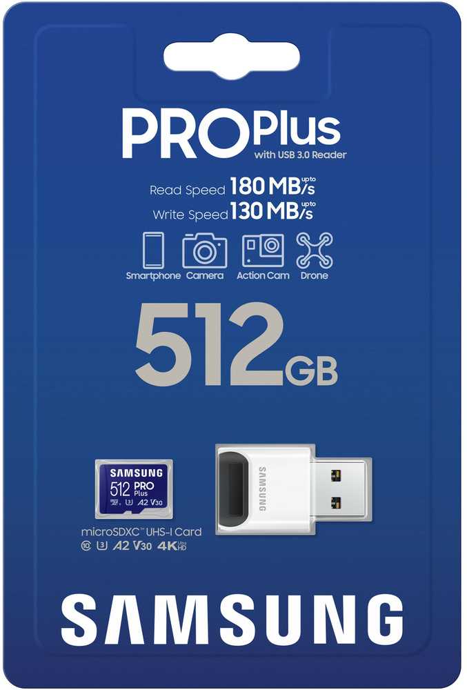 Atminties kortelė SAMSUNG PRO Plus Micro SD 512GB Iki 180MB/s Skaitymas ir 130MB/s Rašymo greitis su 10 klasės 4K UHD įsk. Kortelių skaitytuvas 2023