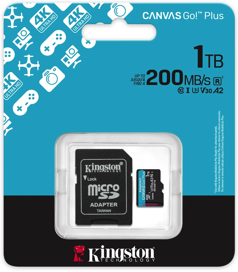 Atminties kortelė Kingston Technology 1TB Micro SDXC Canvas Go Plus Gen4 200MB/s A2 U3 V30 kortelė + adapteris