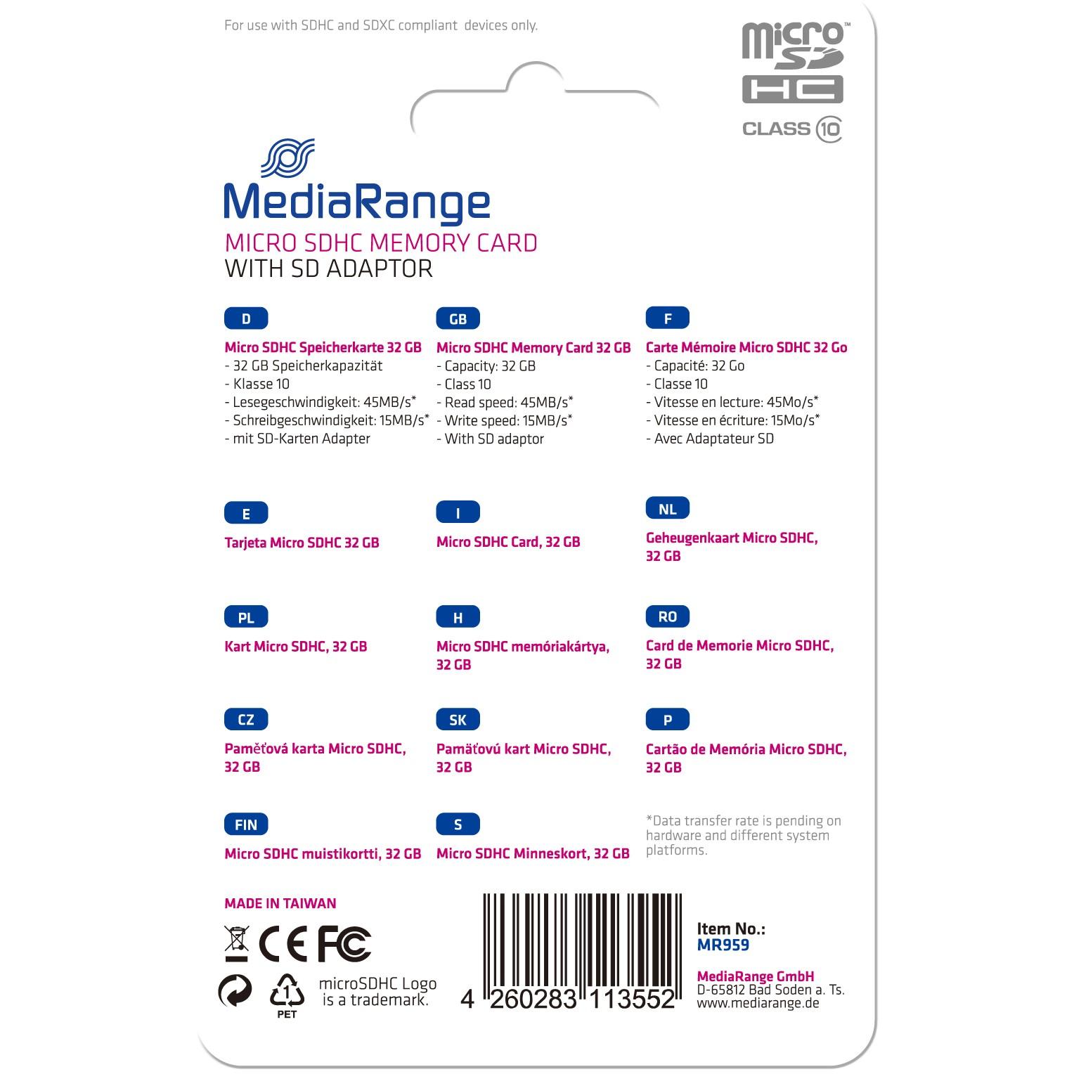 Atminties kortelė Karta MediaRange Micro SDHC 32 GB Class 10 UHS-I (MR959)