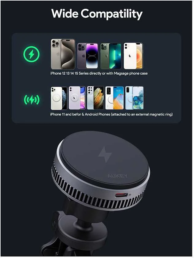 Automobilinis telefono laikiklis Aukey HD-MC13, su įkrovikliu 15W Qi2 (juodas)