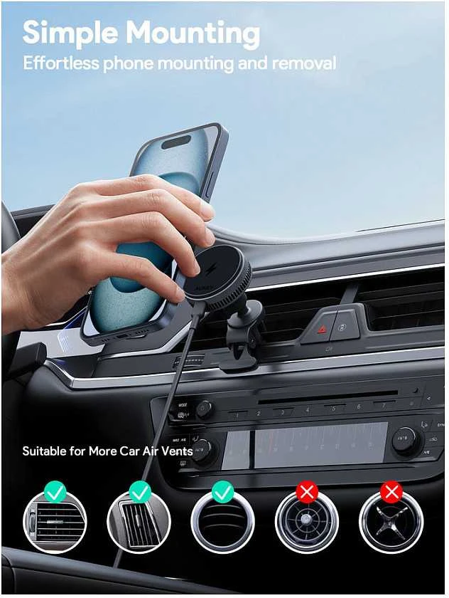 Automobilinis telefono laikiklis Aukey HD-MC13, su įkrovikliu 15W Qi2 (juodas)