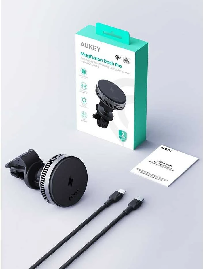 Automobilinis telefono laikiklis Aukey HD-MC13, su įkrovikliu 15W Qi2 (juodas)