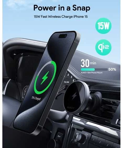 Automobilinis telefono laikiklis Aukey HD-MC13, su įkrovikliu 15W Qi2 (juodas)