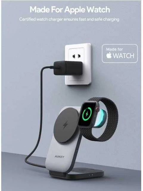 Magnetinis belaidis įkroviklis 3 viename MagFusion Aukey LC-MC312, 15 W Qi2 (pilka)