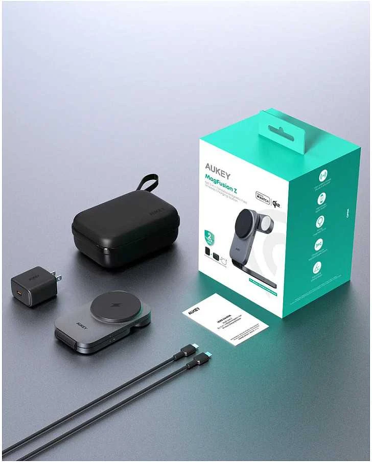 Magnetinis belaidis įkroviklis 3 viename MagFusion Aukey LC-MC312, 15 W Qi2 (pilka)