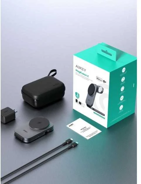 Magnetinis belaidis įkroviklis 3 viename MagFusion Aukey LC-MC312, 15 W Qi2 (pilka)