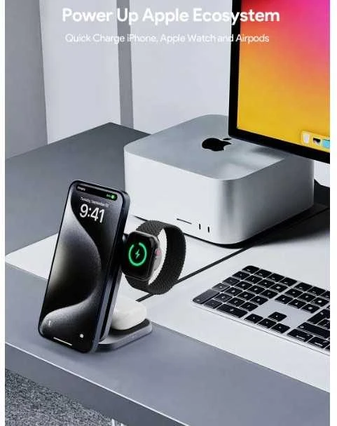 Magnetinis belaidis įkroviklis 3 viename MagFusion Aukey LC-MC312, 15 W Qi2 (pilka)