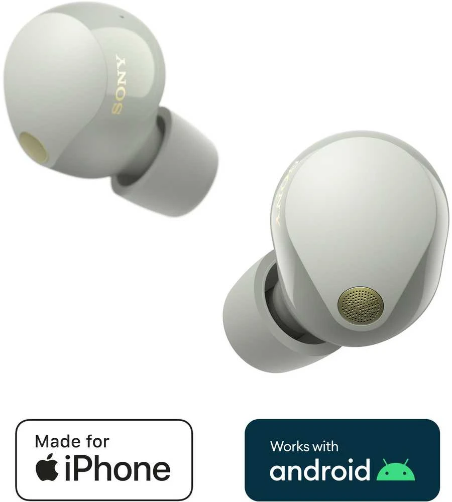 Sony WF-1000XM5 ausinės su iPhone ir Android suderinamumo žymomis