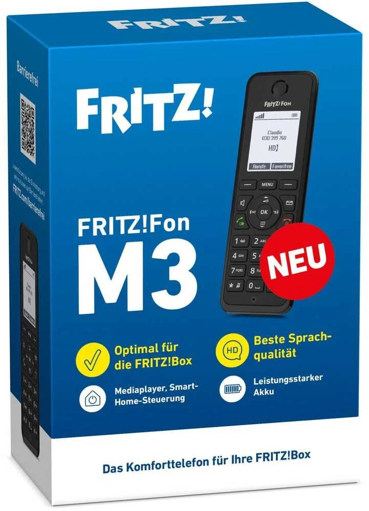 FRITZ! AVM Fon M3, DECT telefonas, belaidis ragelis, garsiakalbis, 300 įrašų, skambinančiojo ID, juodas