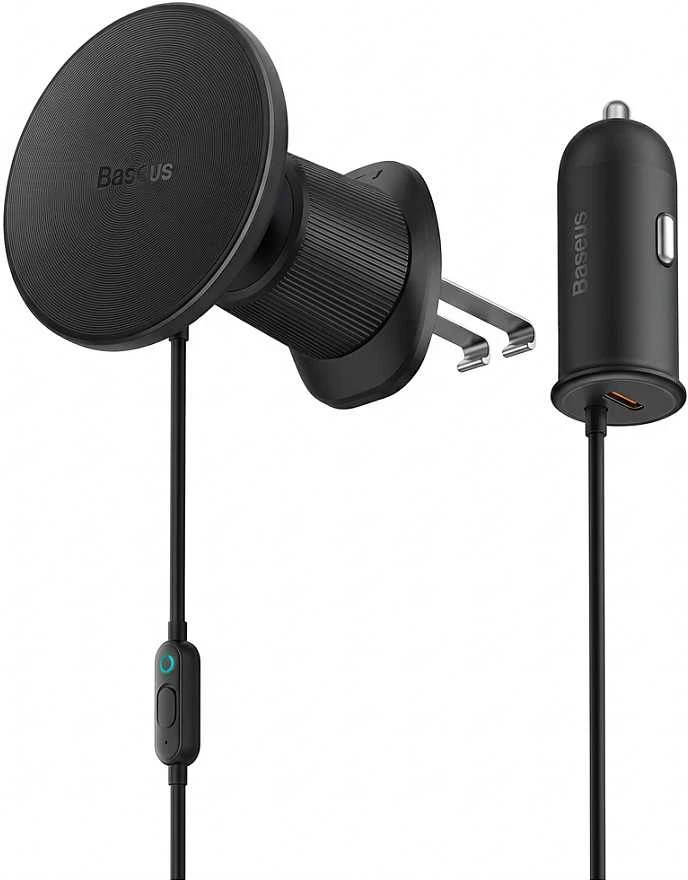 Magnetinis automobilinio telefono laikiklis Baseus CW01 prie ventiliacijos tinklelio su automobiliniu įkrovikliu USB-C, 15W + 25W (juodas)