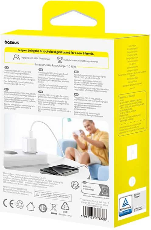 Baseus Sieninis įkroviklis PicoGo GaN 45W USB-C QC PD, baltas