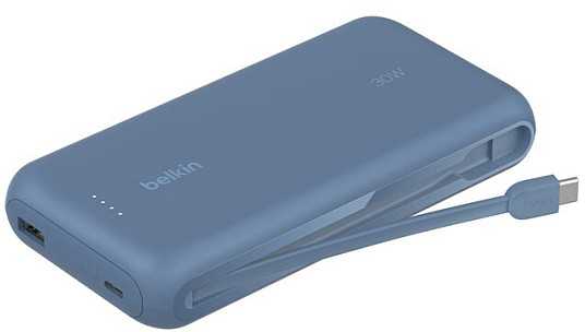 „Belkin“ nešiojamoji baterija, 20 000 mAh, mėlyna, 30 W, integruotas USB-C korpusas, BPB024hqBL