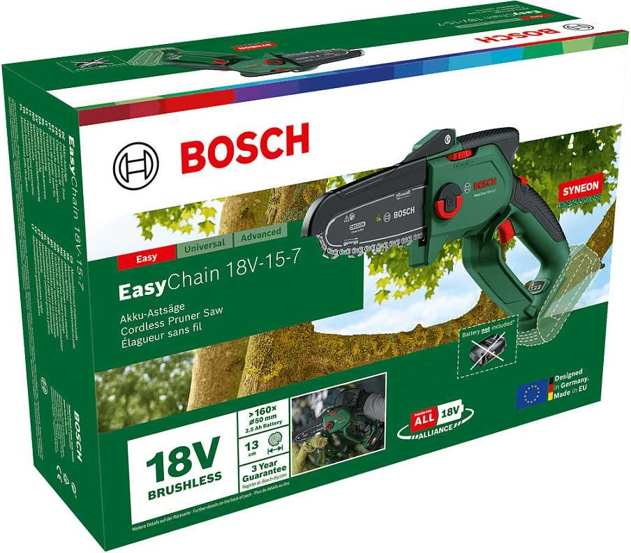 Bosch genėjimo grandininis pjūklas EasyChain 18V-15-7, be akumuliatoriaus ir kroviklio